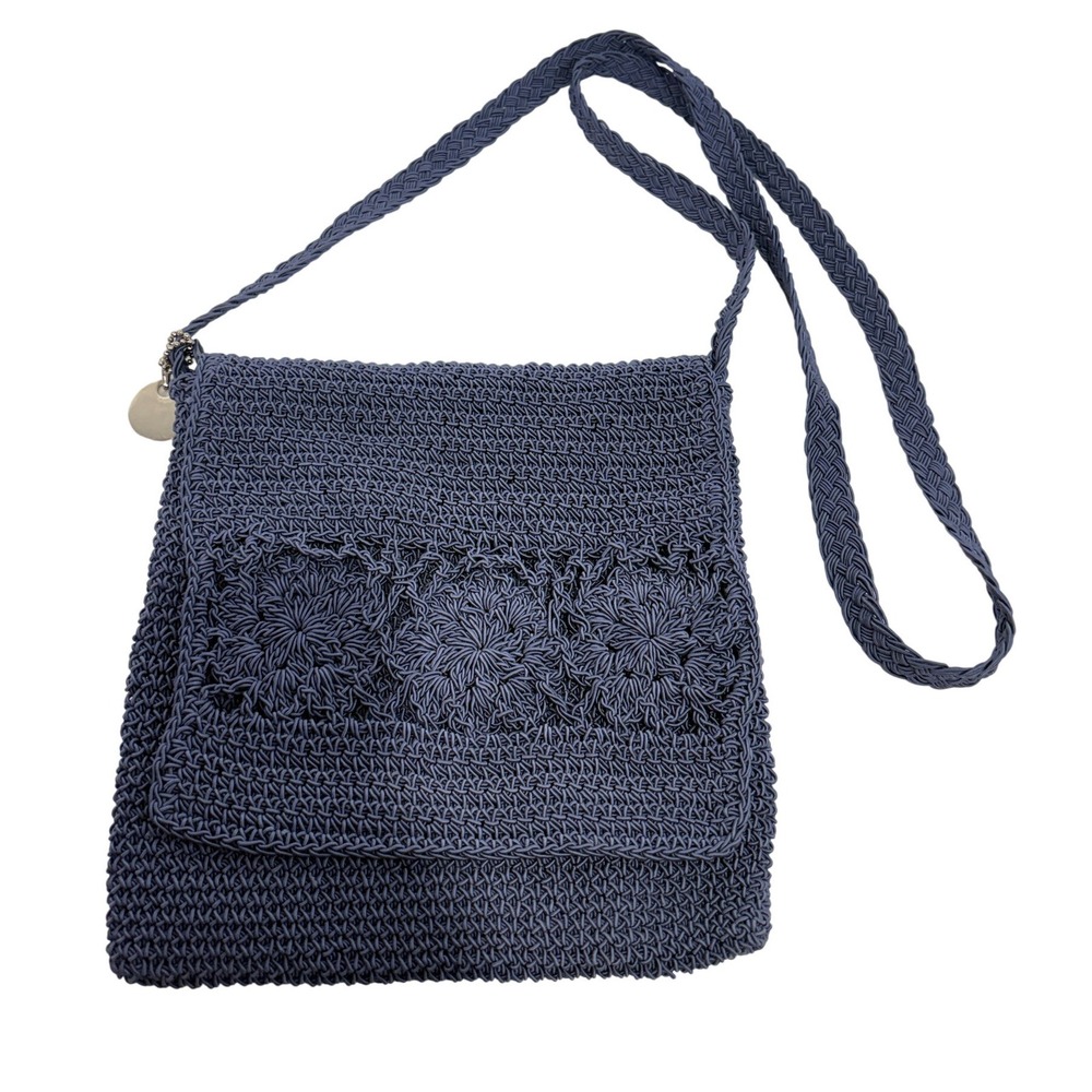 Vintage 90s Xhilaration Blue Crochet Floral Crossbody Bag Handmade Boho Knit
